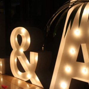 Letras gigantes 'L&A' de Animus Discotecas al lado de una planta, proporcionando una decoración iluminada y sofisticada para eventos especiales.